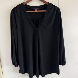 Vince Camuto Womens XL Black V-Neck Pleat Front Long Sleeve Blouse Top